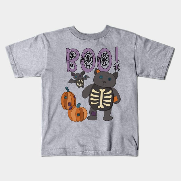 Boo Halloween Bat and Cat Kids T-Shirt by Alissa Carin